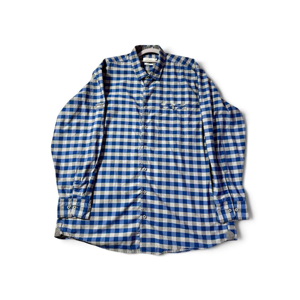Arturo Calle Slim Fit Blue and White Gingham Button Down Shirt, Size XXXL